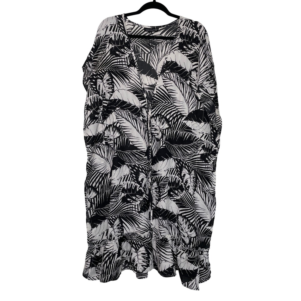 Club Z Collection‎ Kaftan Women Size M Black White Tropical Palm Print Coverup